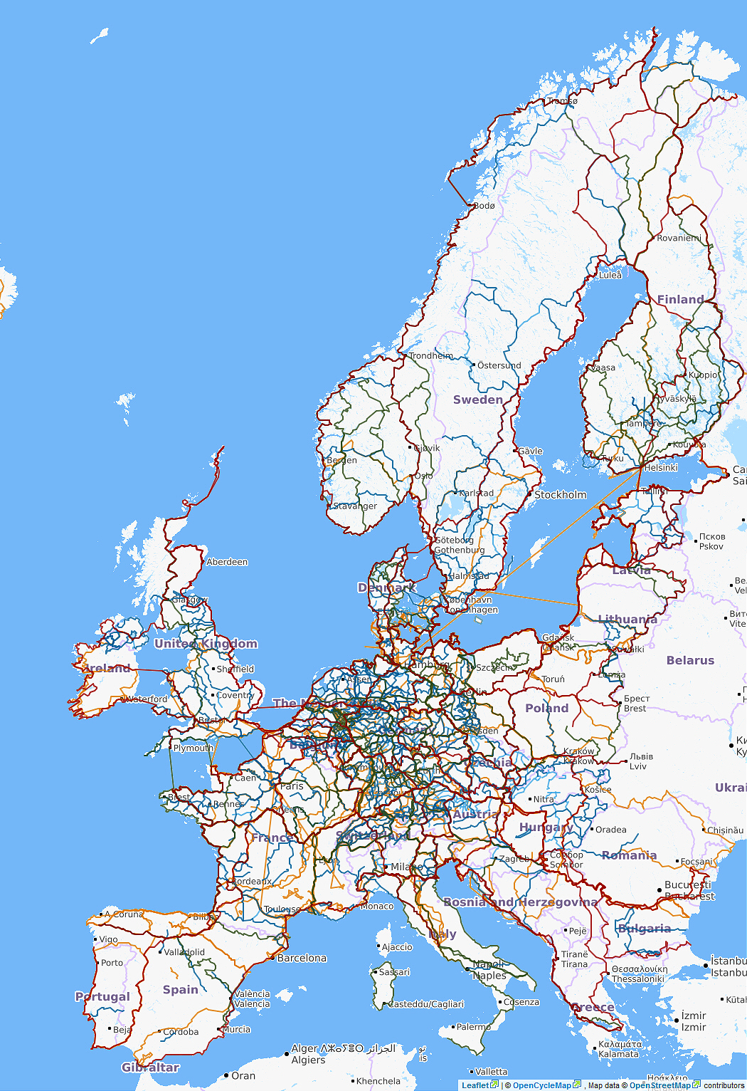Karte mit den Radwegen und Radtouren auf www.biroto.eu