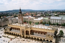 Kraków, Poland, Market square seen from tower of St. Mary church. Cloth Hall and Town Hall tower.