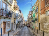 Beautiful narrow street in Baxia, Lisbon