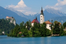 Bled Island view with Bled Castle in foreground.